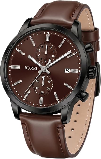 BUREI Men's Leather Watches Chronograph Quartz Watches for Men Classic Cool Lightweight Wristwatch,Gift for Dad Husband Boyfriend