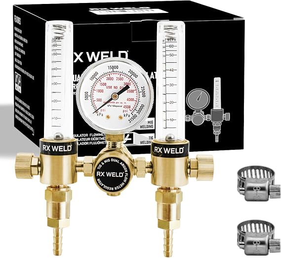 RX WELD Dual Output Argon Flow Meter, 0-60 CFH, CGA580 Inlet | 5/8" UNF Outlet with 1/4" Barb Adapter