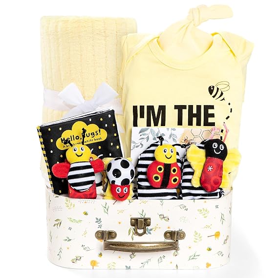 iAOVUEBY Baby Gift Set for Newborn, Bee Baby Shower Gifts Basket, High Contrast Baby Book Toys 0-6 Months Infant Rattle Socks Blanket Hat Onesie Baby Gifts Essentials for Girls Boys
