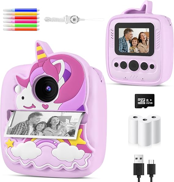 Kids Camera Instant Print,48MP Digital Camera,1080P Video Selfie Toy,Purple | Unicorn Silicone Cover, with 32GB SD Card, 3 Rolls Paper & Color Pens, Birthday Present Gift for 3 4 5 6 7 8 9 Year Old Girls