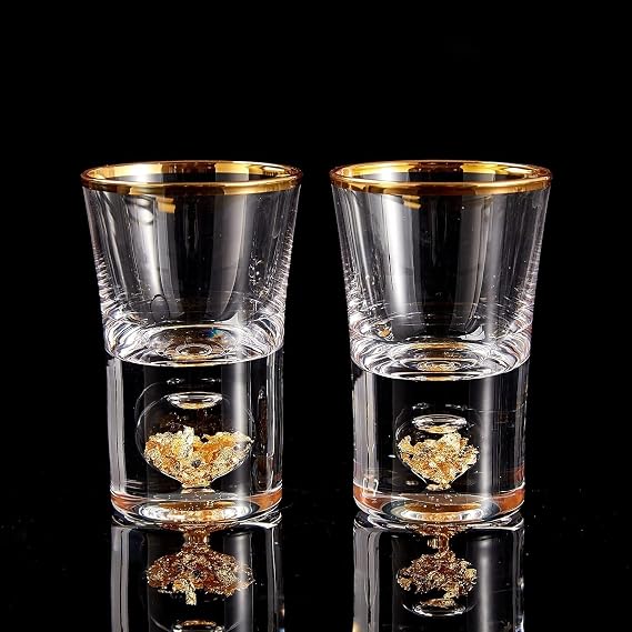 DUJUST Shot Glasses 4cl Crystal Glasses Decorated with 24K Gold Leaf Flakes Cool &amp; Cute Shot Glasses BPA Free and Lead Free Room Decor - Pack of 2