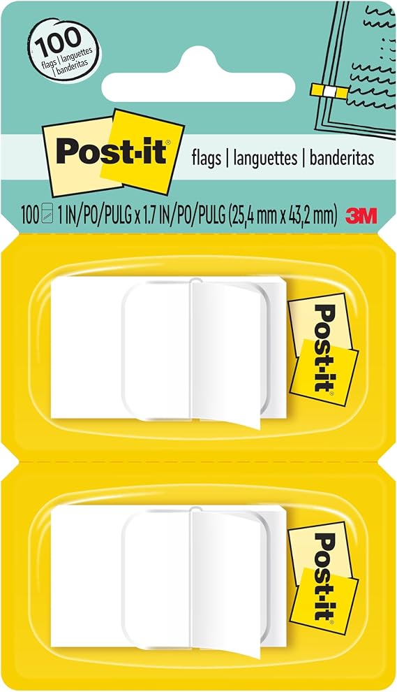 Post-it Flags, 1 x 1.7 in, White, 2 Dispensers, 50 Flags/Dispenser