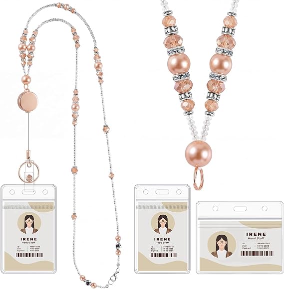 Teacher Beaded Lanyard with Retractable Badge Reel, Pearl, Gold
