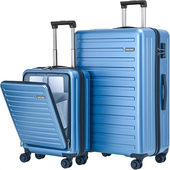 2pcs 20/28" Luggage Set, 20 Inch Carry On Suitcase 28 Inch Checked Luggage | 20in 21.65*15.35*7.87" Cabin Suitcase with Front Pocket,Lightweight HardShell,YKK Zipper,TSA Lock,Europe Travel,Ice Blue