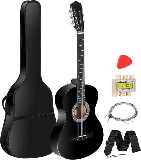 38 Inch Beginner Acoustic Guitar Basic Starter Kit with Strings, Strap, Pitch Pipe, Tuner, Picks, Gig Bag, Black