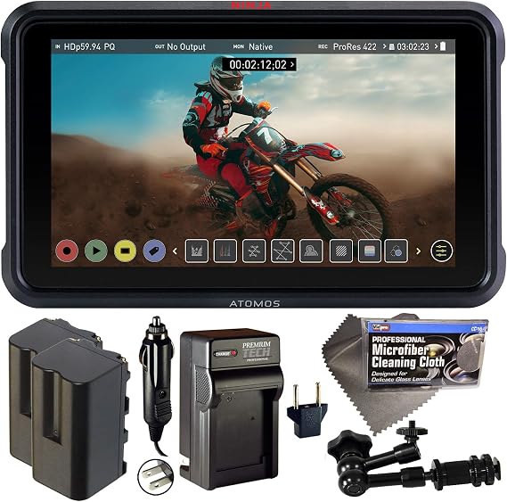 Atomos Ninja V 5" Touchscreen Recording Monitor 10bit HDR with 2X NP-F750 Batteries, Charger, 7" Magic Arm + Cleaning Cloth Bundle