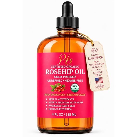Rosehip Oil, USDA Organic Rosehip Seed Oil for Face, Skin & Hair 4 fl oz | Cold-Pressed & Unrefined Rosehip Seed Oil Helps Reduce Appearance of Fine Lines & Wrinkles