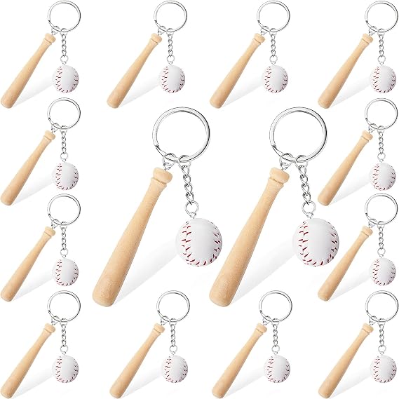 Hicarer 16 Pcs Mini Baseball Keychain with Wooden Bat Baseball Party Favor