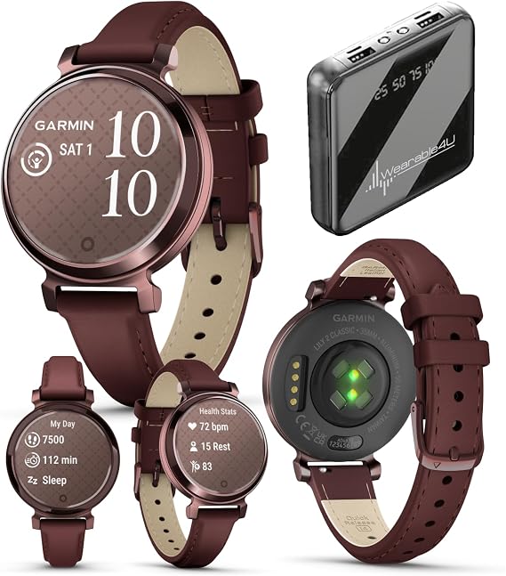 Garmin Lily 2 Classic - Dark Bronze with Mulberry Leather Band: Women Smartwatch w/contactless payments | Up to 5 Days Battery Life, Health & Fitness Tracker. 010-02839-03 Gift Bundle