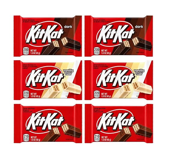 Hershey's KitKat 6 Bars Variety Assortment Mix Bundle Pack Chocolate Candy Singles - Milk - Dark- Mint - Mocha - Strawberry - Blueberry Muffin, 1.5 ounces