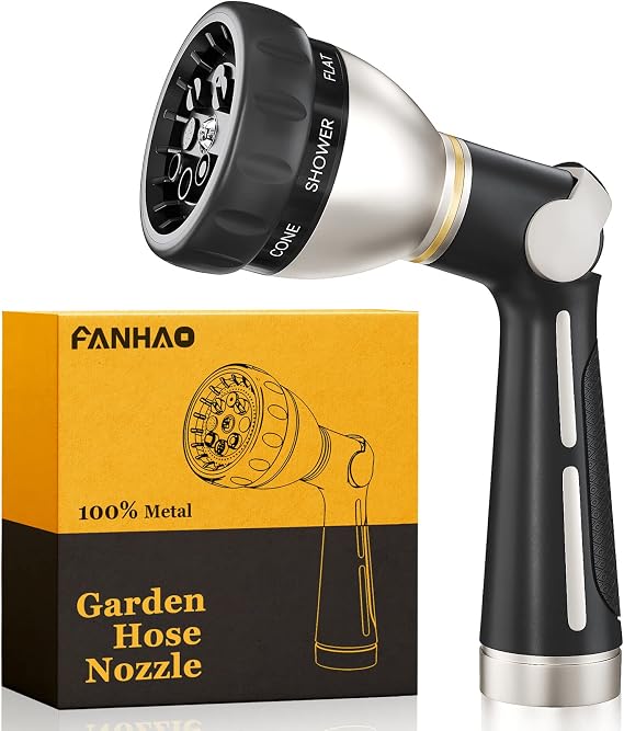 FANHAO Metal Thumb Control Garden Hose Nozzle Heavy Duty, 8 Spray Patterns
