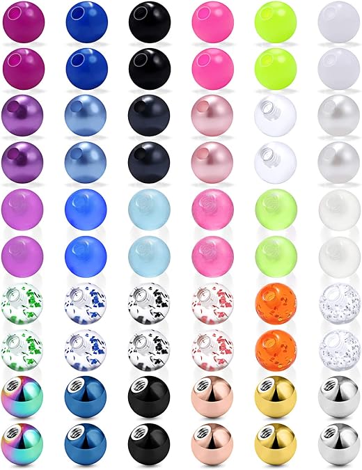 14G 60PCS Mix Color Replacement Balls Jewelry Piercing Stainless Steel & Clear Acrylic Barbell Parts for Industrial Barbell/Nipple Rings/Tongue Rings