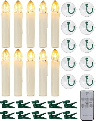 Homemory 10 PCS LED Window Candles with Remote Timer, Battery Operated Flameless Taper Christmas Candles Light with ClipsSuction Cups, Flickering Warm White Light, Dia 0.7x H 4