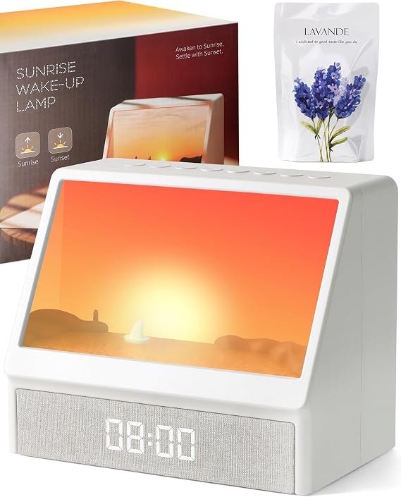 Sunrise Alarm Clock with Sound Machine, Sunlight Alarm Clock with 10 Scene Simulations for Sleep, 12 White Noise Sound Machine with Bluetooth Speaker (Warm White)