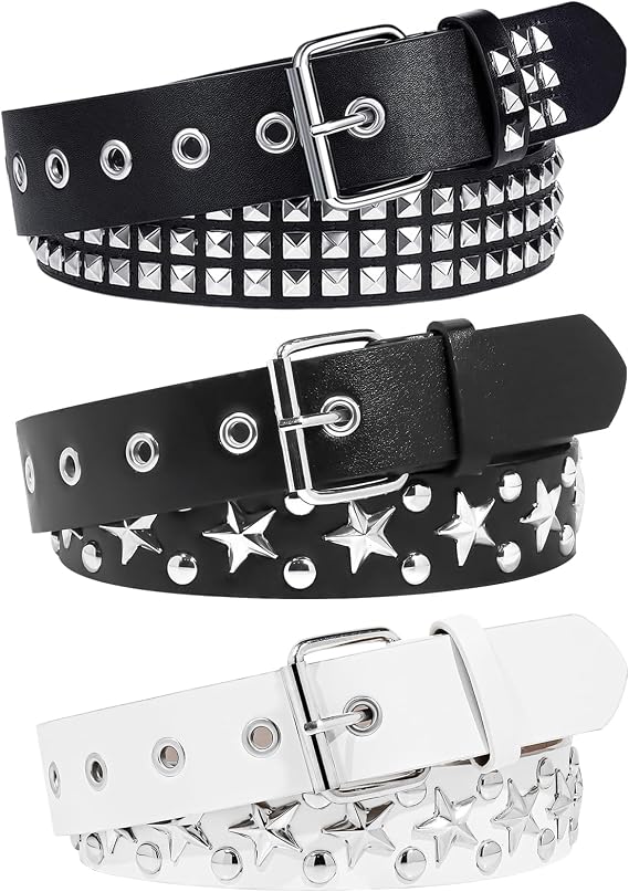 3 Pcs Black Studded Belt Y2K Belt Star Gothic Punk Rock Belts with Grommet Threads Bright Metal Pyramid for Women Men