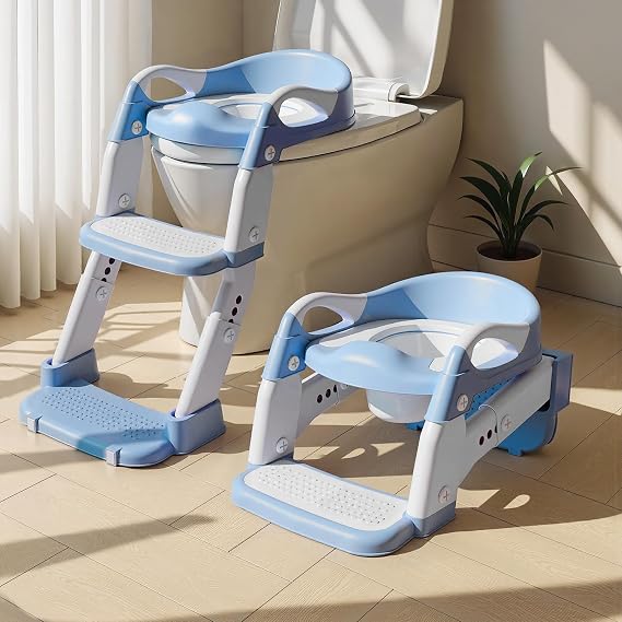 3-in-1 Potty Training Seat & Training Toilet & Potty Chair, Height AdjustableToddler Toilet Seat for Kids Boys Girls, Foldable Potty Training Toilet with Splash Guard and Anti-Slip Steps Blue