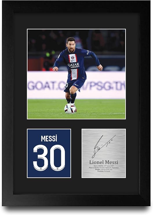 HWC Trading Lionel Messi Paris Blue and Reds Gifts Printed Signed Autograph Picture for Football Fans and Supporters - A4 Portrait Framed