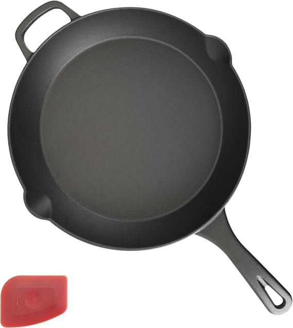 12 Inch Cast Iron Skillet, Pre-Seasoned, Dual Pour Spouts