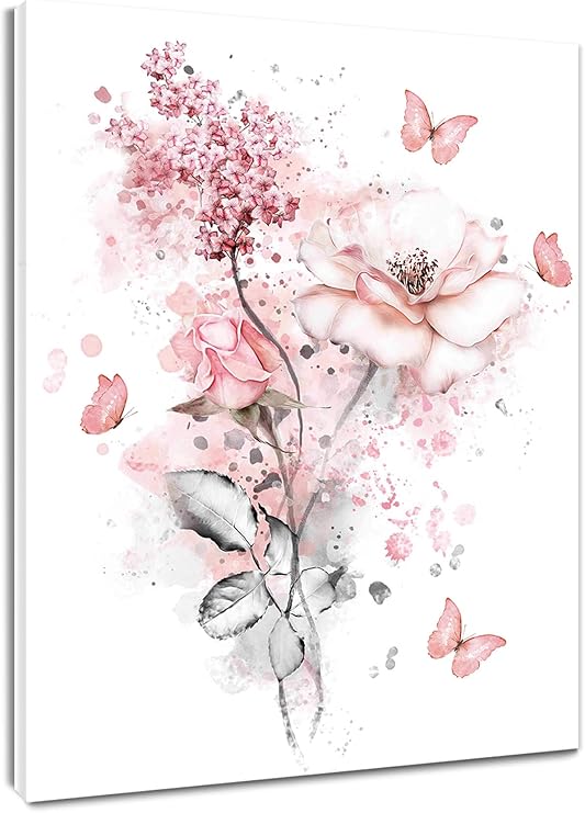 LB Pink Floral Wall Art, Farmhouse Flower Bathroom Wall Decor, Aesthetic Botanical Artwork for Girls Women, Grey Leaf Wood Framed Canvas Prints for Living Room Bedroom Kitchen Office, 12x16 inches