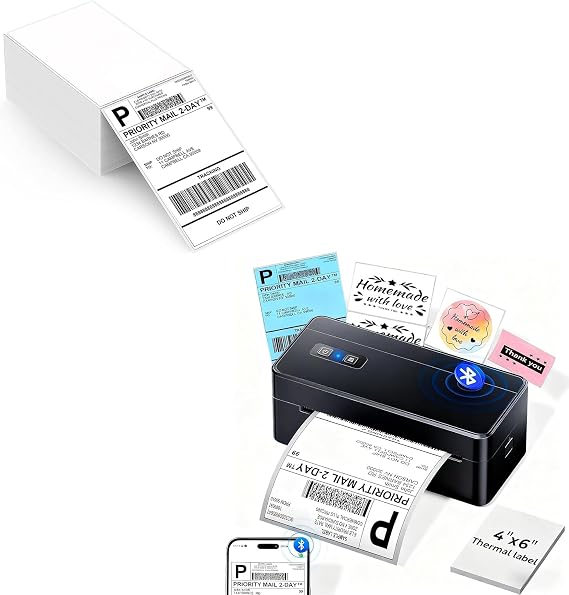 ASprink 2410BT Bluetooth Shipping Label Printer 4x6&500Pcs 4x6 Fold Labels, 2026 Upgraded Thermal Label Printer