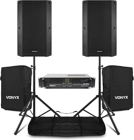 VONYX VSA15P Passive PA Speaker System - 2x 15 2000W Loudspeakers, VXA-2000 MKII Amplifier, Adjustable Tripod Stands, Covers & NL2 Cable Set, Complete Live DJ Event Sound Kit