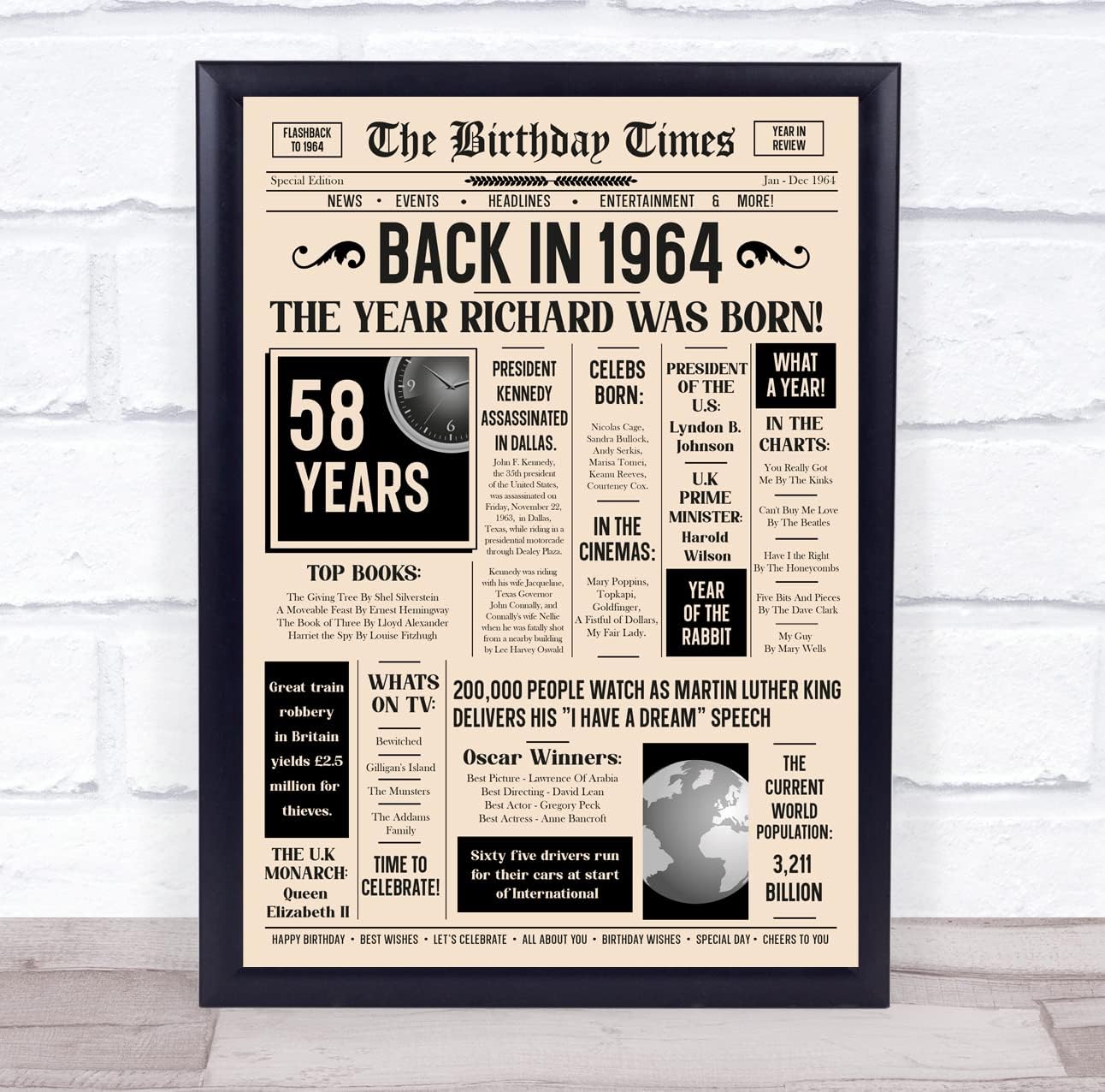 Fingerprint Designs 2022 Newspaper Any Age Any Year You Were Born Birthday Facts Gift Print | Gift For Milestone Birthday, Choice Of Framed Print, Canvas, Unframed Print, Keepsake