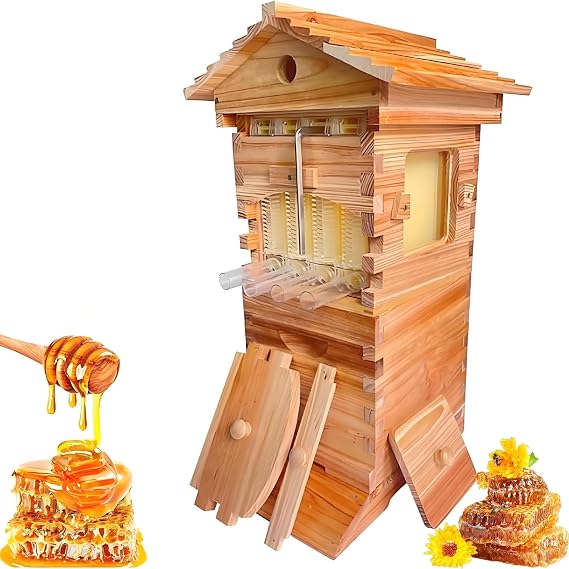 Beehive Starter Kit, Beehive Kit, Flow Hive with Observation Window & Honey Spout, Wooden Bee Box with Integrated Carpenter Bee House, for Beekeeping,Garden Pollinators.