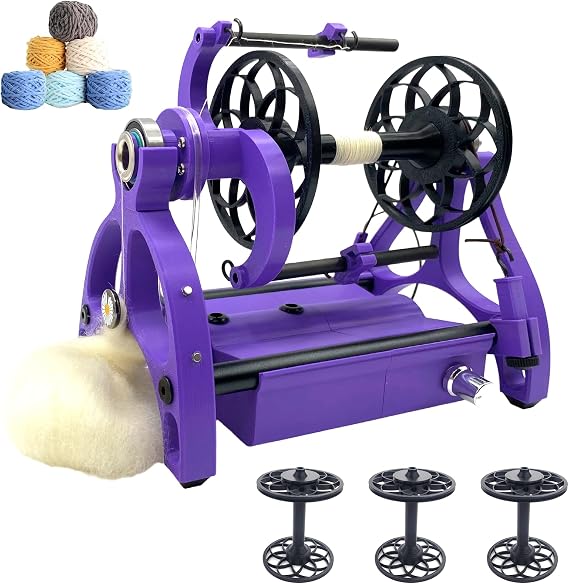 Electric Yarn Spinner Winder Spinning Wheel for Wool with 3 Bobbins, Small Yarn Winder with Forward & Reverse, Free Speed Adjustable (Purple)