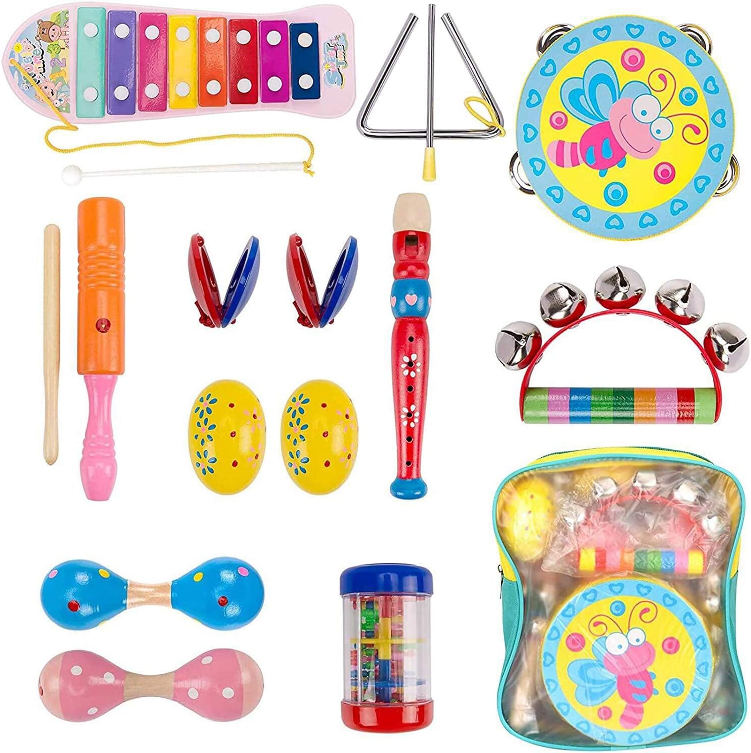 Dkinghome Baby Musical Instruments ,Wooden Toddler Musical Toys Set,Education Toys Gifts with Shaking, Tapping, Beating and Blowing instruments for Kids Boys Girls with Storage Backpack