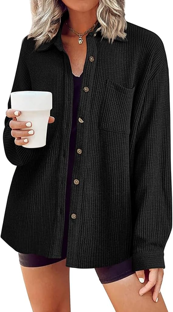 HOTOUCH Waffle Button Down Shirts for Women Long Sleeve Shacket with Pocket