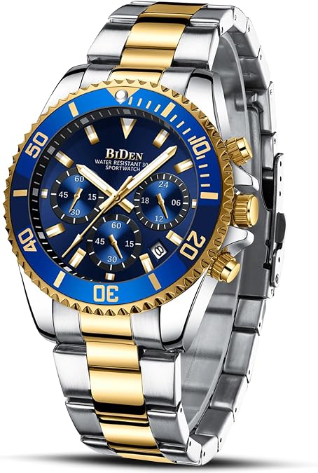 BIDEN Mens Watches Chronograph Gold Blue Stainless Steel Waterproof Date Analog Quartz Watch Business Casual Fashion Wrist Watches for Men