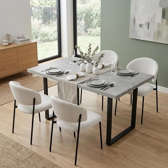Expandable Dining Table Set, 6 Upholstered Chairs, Grey Extendable Kitchen Table 130-170cm, Beige Linen Padded Chairs, Modern Industrial Style, Metal Frame (1 Table + 4 Beige Chair, 130