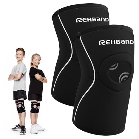 Rehband kids neoprene knee sleeve with patella opening, children knee support, 1 piece or 1 pair, knee cuff patella opening 5mm neoprene brace, Colour:Black - 1 Pair, Size:Small