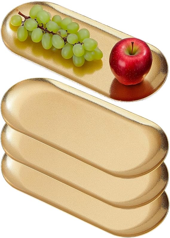 SANQIAHOME 10X4 inch Serving Platters Set of 4,Vintage Design,small serving tray,Oval,thick stainless steel,Pasta Dessert Plates for Sushi, Fruit oven/Dishwasher Safe,silver
