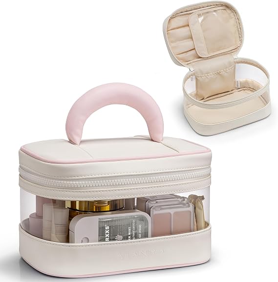 VLANDO Travel Makeup Bag, Large Travel Toiletry Bag for Women Girl, Waterproof Cute Cosmetic Bag with Handle, Clear Make up Bag for Cosmetic, Brushes, Skincare-Cream White
