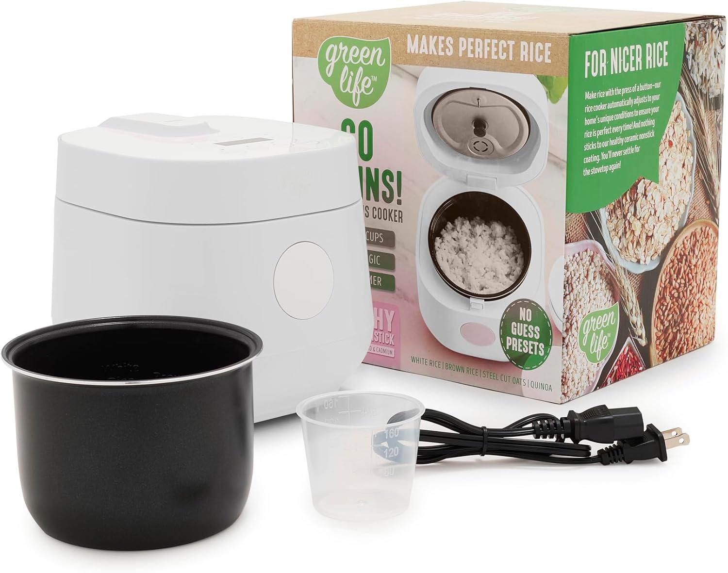 GreenLife Digital Rice Cooker, 2 Cup Uncooked / 4 Cup Rice Cooker, Removable Non-Stick Ceramic PAS Free Pot, One-Touch Preset, Oat, Quinoa, Brown Rice, Automatic Warming, Fuzzy Logic Tech, 1.5 Quart, White