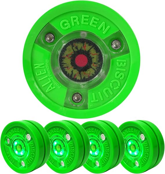 Green Biscuit Alien Hockey Pucks 4 Pack - Lights up When Using! Smart, Bright and Durable Street Hockey Puck That Flashes While Passing and Stick Handling Training