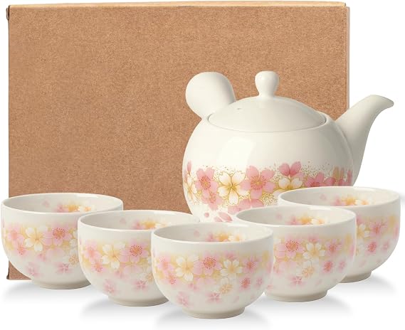 JapanBargain 4701, Japanese Tea Set Porcelain Teapot and Teacup Set For Adults, Chinese Asian Oriental Style Teasets, Cherry Blossom, Made In Japan (Sakura)