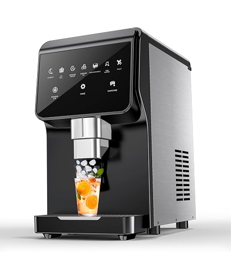 Countertop Nugget Ice Maker with Water Dispenser 60 lbs/Day, 5 lbs Bin, Soft Chewable Ice Machine, Self-Cleaning Stainless Steel Ice Maker for Home, Kitchen, Bar, Office