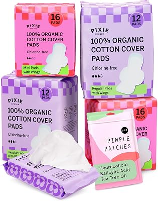 Pixie Period Starter Pads for Teen Girls - Organic Cotton 56ct - Designed for Tweens & Smaller Underwear - Leak-Proof with Wings for Feminine Care - Includes 32ct Mini & 24ct Regular Pads with Wipes