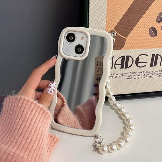 Compatible for iPhone 15 Mirror Case,Cute Curly Wave Frame Soft Shockproof Case for iPhone 15,Aesthetic Phone Case with Pearl Strap Chain for Women Girls(White,iPhone 15)