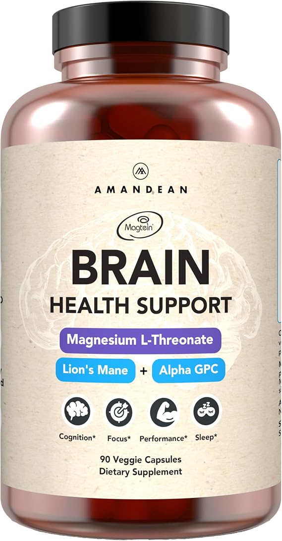 AMANDEAN Brain Supplement, Magnesium L-Threonate, Lions Mane, Alpha GPC