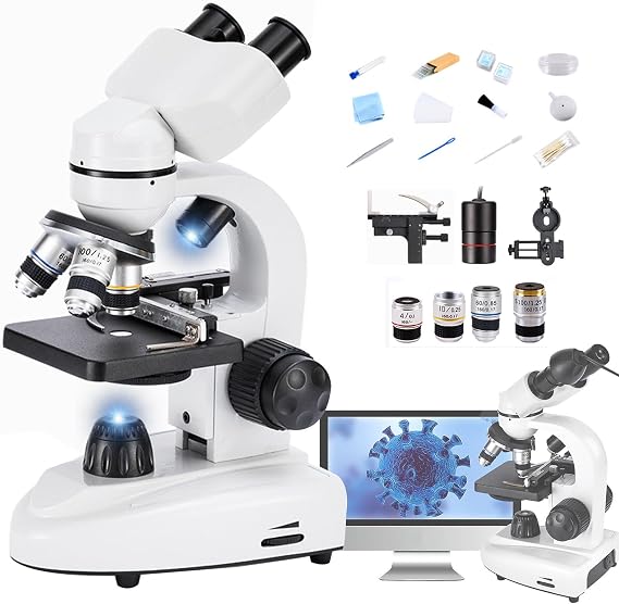 Lab Compound Binocular Microscopes 40X-6000X/10000/20000X Magnification with 2.0MP Electric Eyescope,Capturing Image,Recording Video, WF10X WF25X,Dual Power Supply Methods,20000X