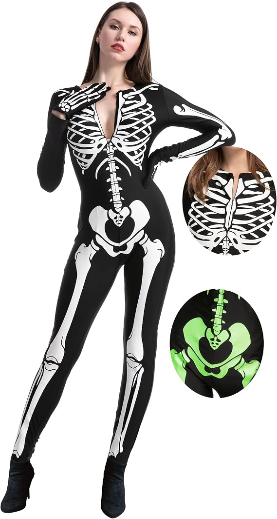 Spooktacular Creations Womens Skeleton Costume Glow in the Dark, Halloween Skeleton Bodysuit, Halloween Costumes for Adult