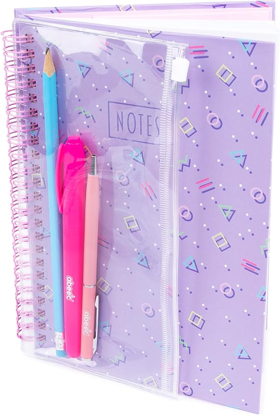 abeec Stationery Set - Notebook and Stationery Set For Girls - Contains A5 Notebook, 1x Highlighter Pens, 1x Pen & 1x Clear Pencil Case