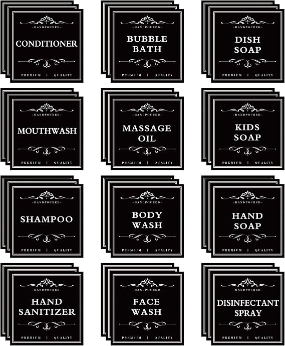 36 PCS Printed Waterproof Labels for Shampoo and Conditioner Bottles,Bathroom Soap Dispenser Organization Label Stickers Black