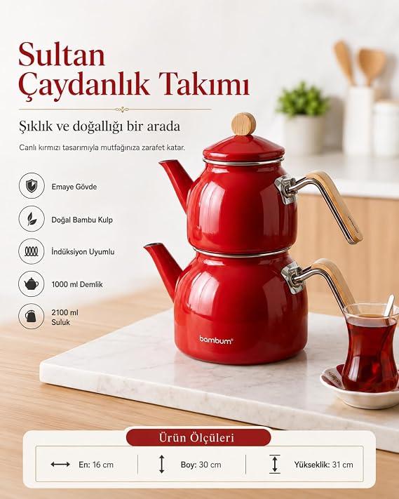 Sultan - Bambu Kulplu Emaye Çaydanlık Takımı Kırmızı