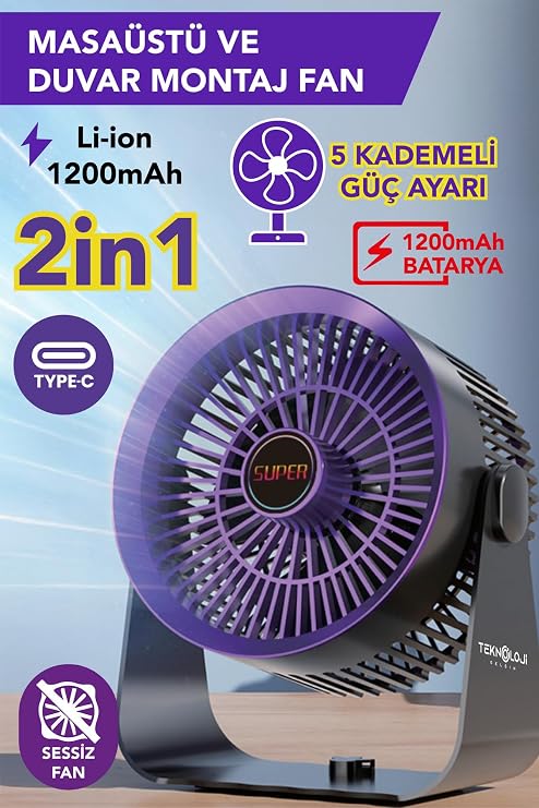 Vantilatör Masaüstü & Duvar Tipi 3 Kademe Işıklı Portatif Fan Şarjlı Type-C Sessiz Çalışma Ev&Ofis