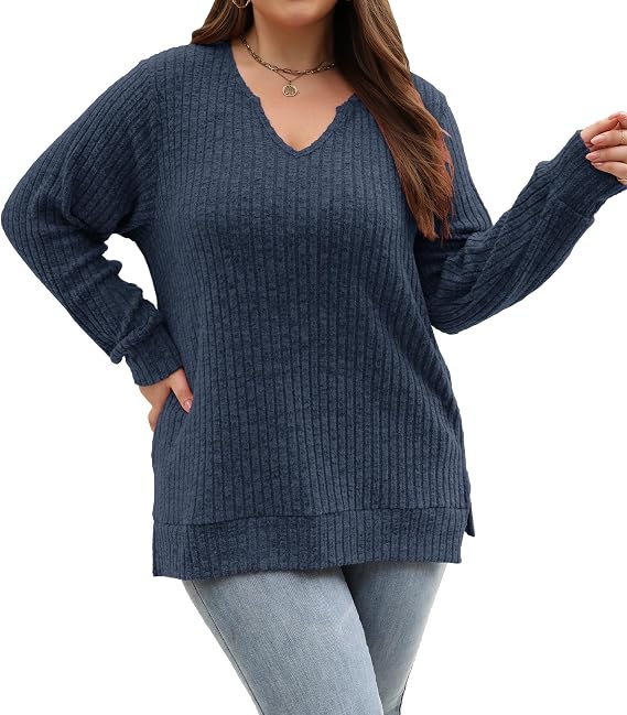 Womens Plus Size Tops Long Sleeve V Neck Sweaters Loose Tunics L-4XL