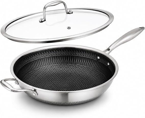 NutriChef 12" Stainless Steel Durable Wok - Triply Kitchenware Wok with Glass Lid, Side Handle - DAKIN Etching Non-Stick Coating, Scratch-resistant Raised-up Honeycomb Fire Textured Pattern